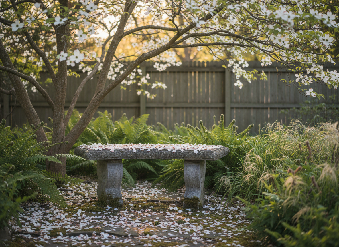 A small, weathered stone garden bench sits beneath a flowering dogwood tree, its pale petals scattered like confetti across the seat and moss-softened flagstones below. In the background, a simple wooden fence encloses a quiet backyard garden filled with lush ferns and soft grasses. Late afternoon golden light filters through the branches, casting dappled, moving shadows over the bench and ground. Photographic realism with an eye-level composition and shallow depth of field keeps the bench in crisp focus while the foliage melts into a gentle blur, creating a serene, contemplative mood that suggests a safe place for reflection and emotional healing.